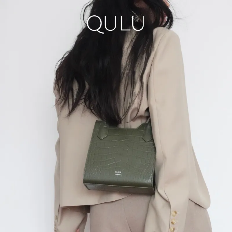 QULU Cow Leather Letter Bag Small Square Bag Shoulder Bag Crossbody Bag Women's Green/Beige-5