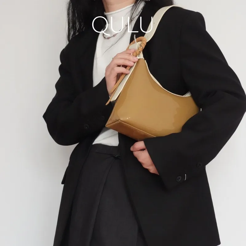 QULU Patent Leather Top Grain Cow Leather Shoulder Bag Baguette Bag Shoulder Bag Regular Women's Coffee/Green-4