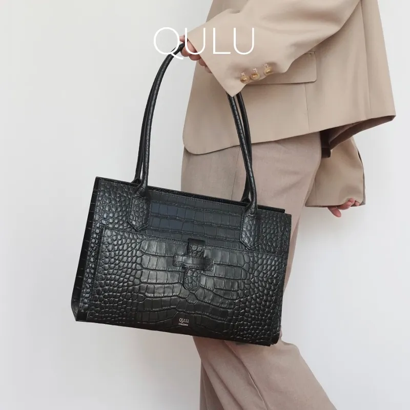 QULU Cow Leather Laptop Bag Tote Handbag Shoulder Bag Women's Solid Color-4