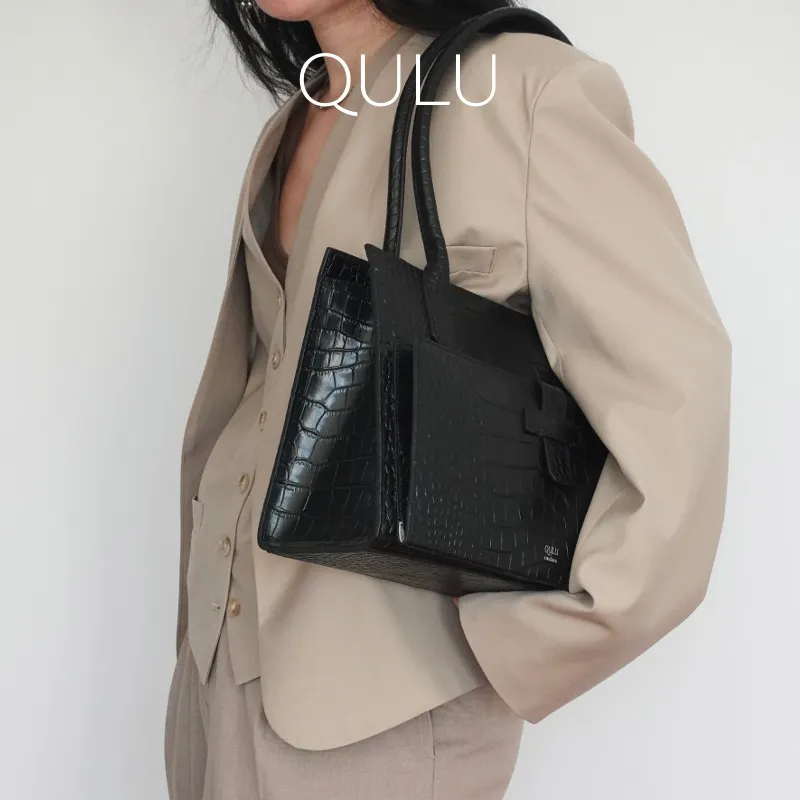 QULU Cow Leather Laptop Bag Tote Handbag Shoulder Bag Women's Solid Color-3