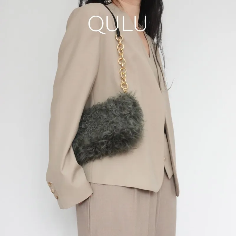 QULU Wool One Shoulder Handbag Small Size Women's Beige/Green/Black-23