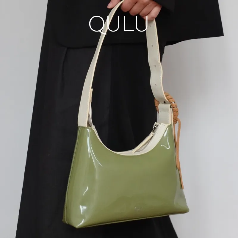 QULU Patent Leather Top Grain Cow Leather Shoulder Bag Baguette Bag Shoulder Bag Regular Women's Coffee/Green-7