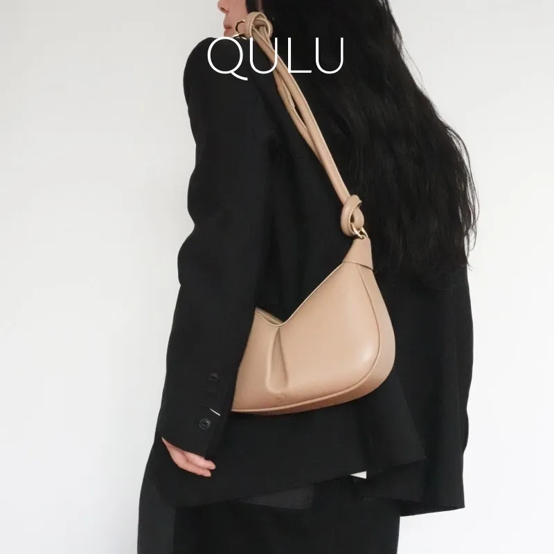 QULU Sheepskin Pea Bag, Crescent Bag, Shoulder Bag, Crossbody Handbag Medium Size Women's Milk Coffee-7