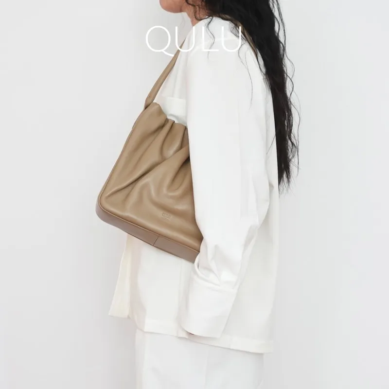 QULU Sheepskin Tote Shoulder Bag Puff Bag Large Size Women's Milk White/Coffee-8