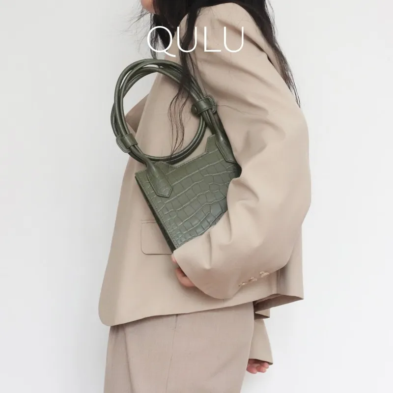 QULU Cow Leather Letter Bag Small Square Bag Shoulder Bag Crossbody Bag Women's Green/Beige-8