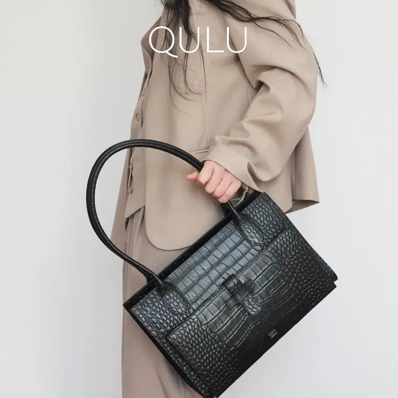 QULU Cow Leather Laptop Bag Tote Handbag Shoulder Bag Women's Solid Color-6