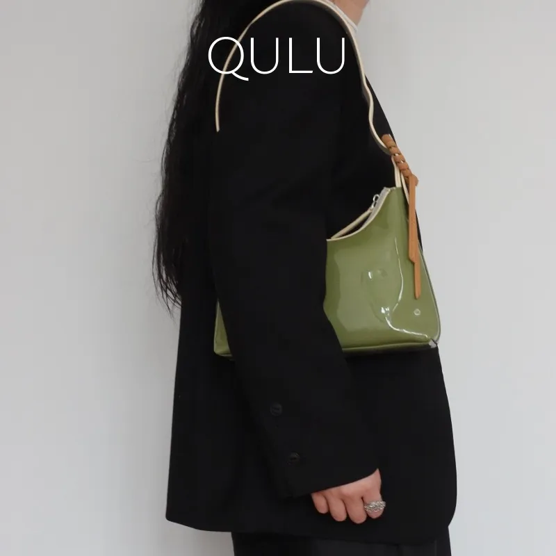 QULU Patent Leather Top Grain Cow Leather Shoulder Bag Baguette Bag Shoulder Bag Regular Women's Coffee/Green-8
