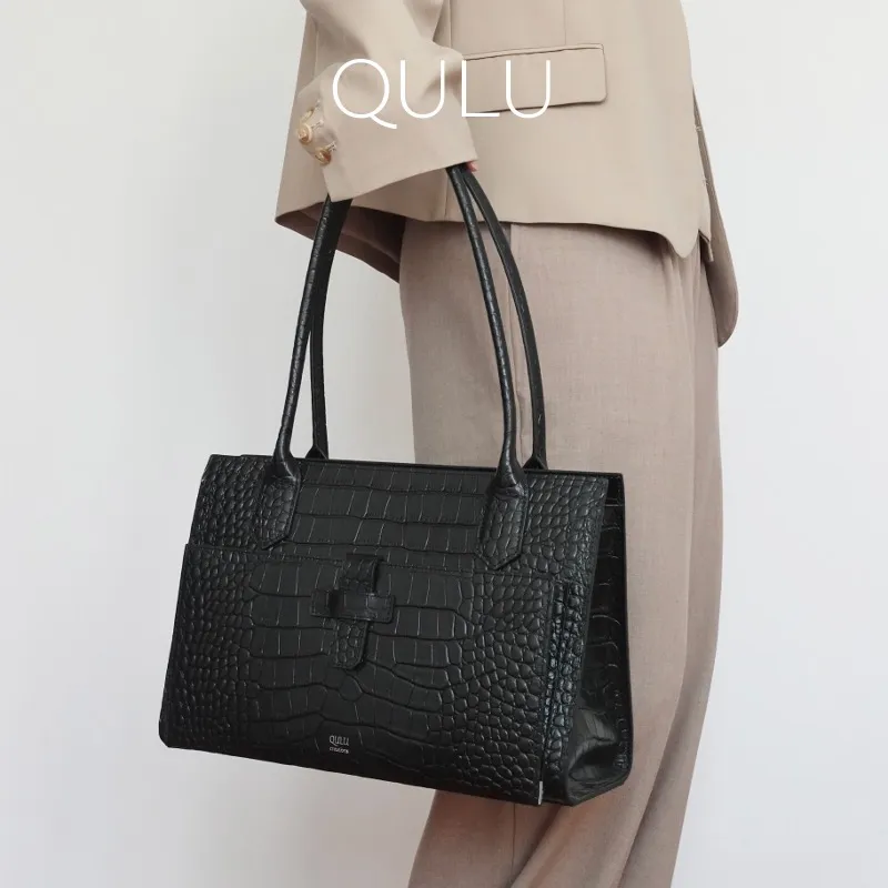 QULU Cow Leather Laptop Bag Tote Handbag Shoulder Bag Women's Solid Color-2