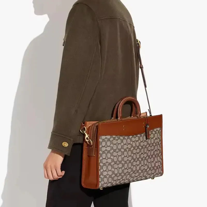COACH Fabric With Cow Leather Briefcase Handbag Crossbody Bag Large Size Unisex Monogram Brown-3
