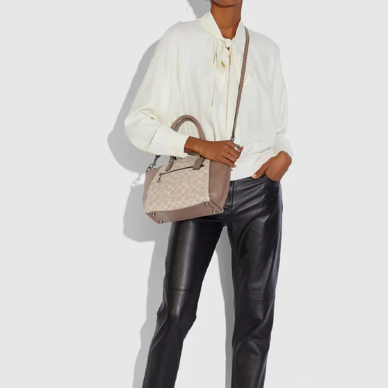 COACH Elise Coated Canvas Monogram Canvas With Leather Shoulder Bag Crossbody Bag Handbags Medium Size Women's Taupe-4