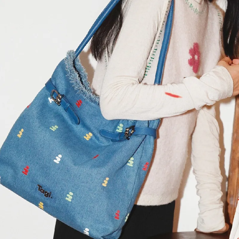 Tagi. Synthetic Leather Imaginary Lace Up Hobo Handbag, Shoulder Bag Women's Denim Fringe-4