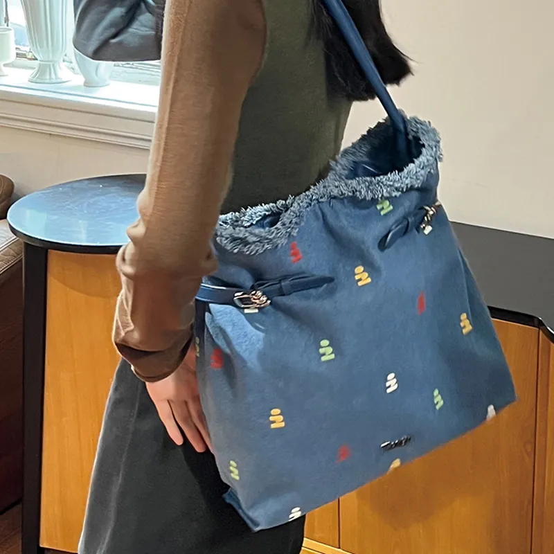 Tagi. Synthetic Leather Imaginary Lace Up Hobo Handbag, Shoulder Bag Women's Denim Fringe-3