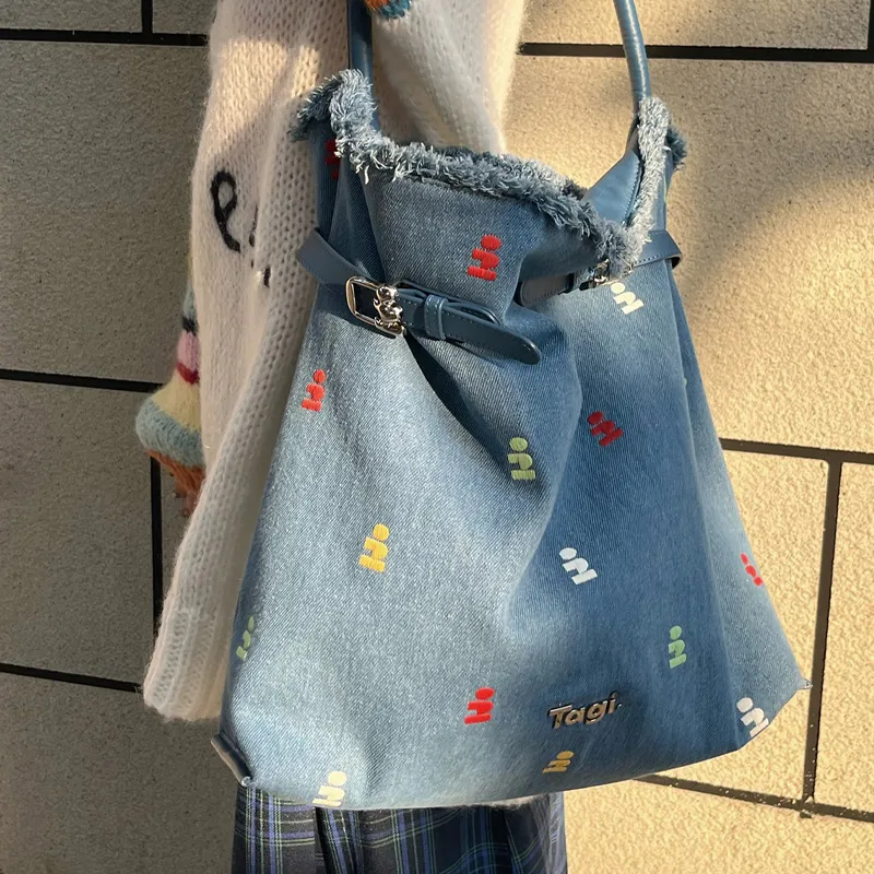 Tagi. Synthetic Leather Imaginary Lace Up Hobo Handbag, Shoulder Bag Women's Denim Fringe-6