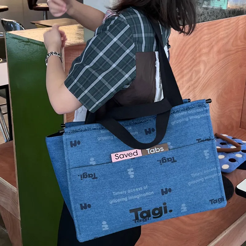Tagi. Cotton Canvas Bag, Tote Bag, Shopping Bag, Shoulder Bag, Handbag Medium Size Unisex Newspaper Denim-1