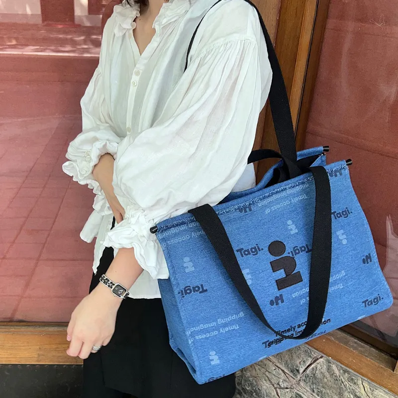 Tagi. Cotton Canvas Bag, Tote Bag, Shopping Bag, Shoulder Bag, Handbag Medium Size Unisex Newspaper Denim-4