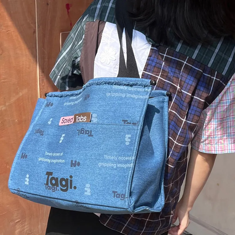 Tagi. Cotton Canvas Bag, Tote Bag, Shopping Bag, Shoulder Bag, Handbag Medium Size Unisex Newspaper Denim-3