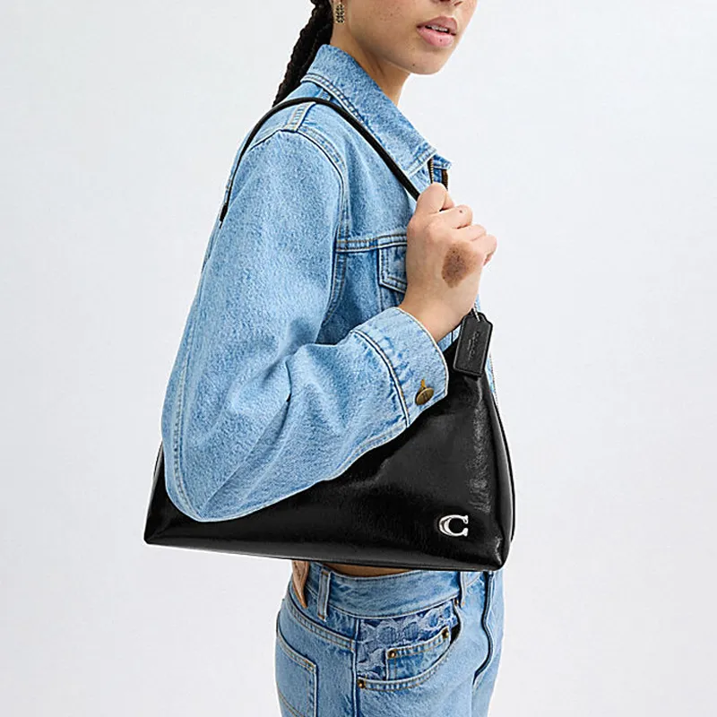 COACH Juliet Glossy Cow Leather HOBO Crossbody Handbag Shoulder Bag Large Size Women's Black-5