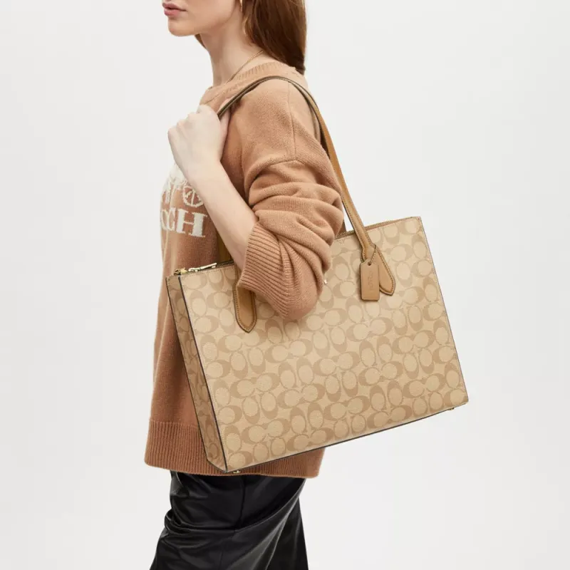 COACH Coated Canvas With Smooth Leather Tote Bag Shopping Bag Handbag Shoulder Bag Large Size Women's Khaki-4