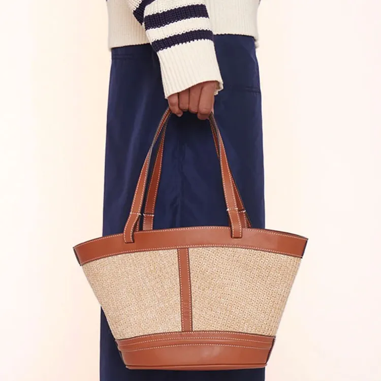 Staud Raffia With Calfskin Tote Bag Shopping Bag Handbag Shoulder Bag Women's Natural Tan-4