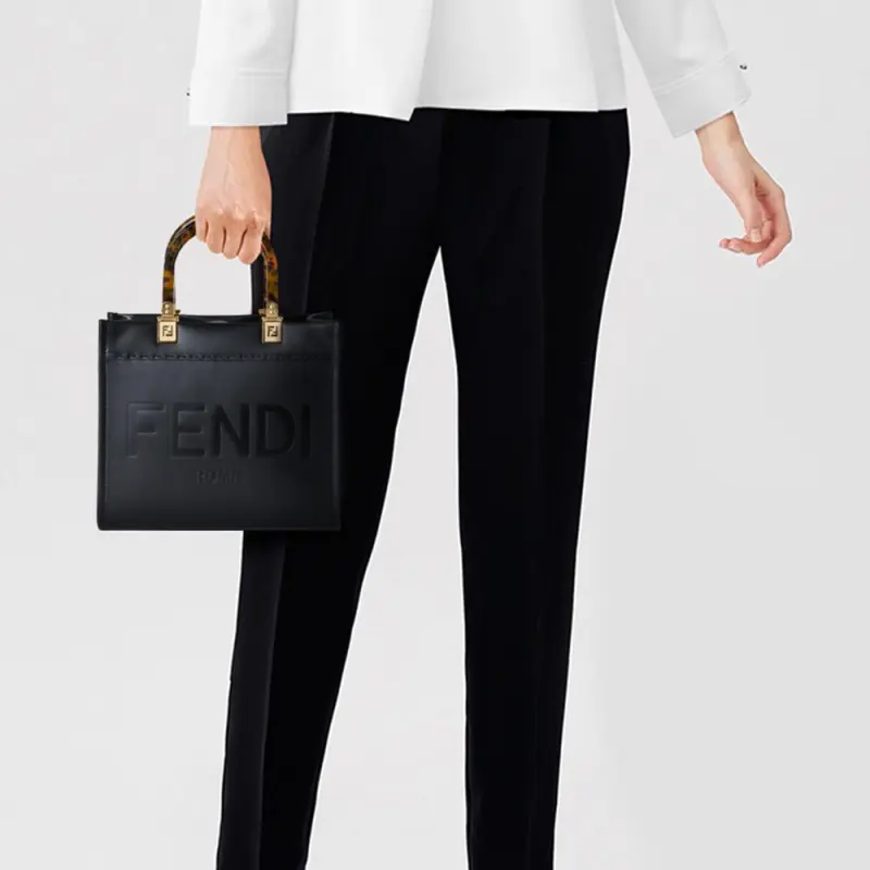 FENDI Sunshine Calfskin Tote Bag, Shopping Bag, Shoulder Bag, Crossbody Bag, Handbag Trumpets Women's Black-3