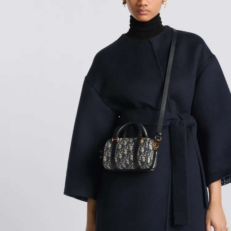 DIOR Grained Cow Leather With Fabric Boston Bag Handbag Shoulder Bag Crossbody Bag Mini Women's Blue Black-8