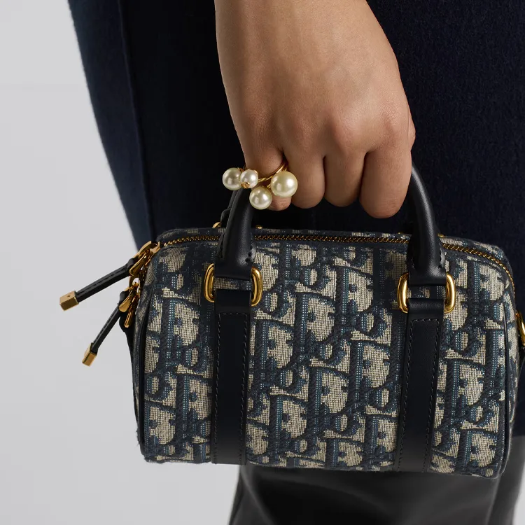 DIOR Grained Cow Leather With Fabric Boston Bag Handbag Shoulder Bag Crossbody Bag Mini Women's Blue Black-7