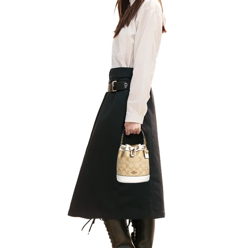 COACH Dempsey Coated Canvas With Leather Bucket Bag, Shoulder Bag, Crossbody Bag, Handbag Trumpets Women's Khaki White-5