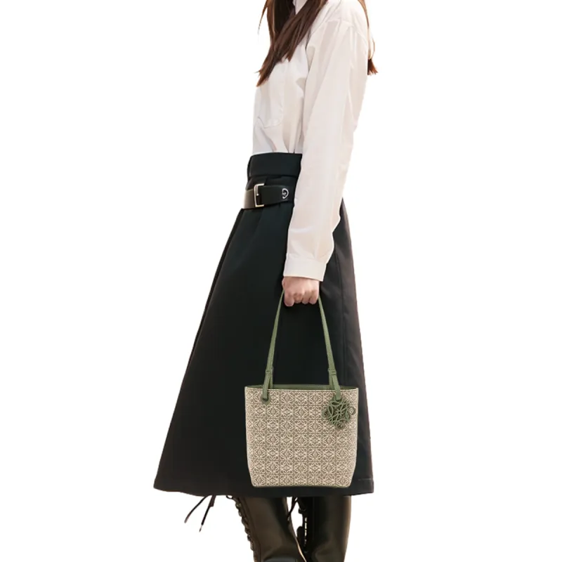 LOEWE Square Basket Canvas With Leather Canvas Bag Tote Bag Shopping Bag Shoulder Bag Handbag Small Size Women's Green-7