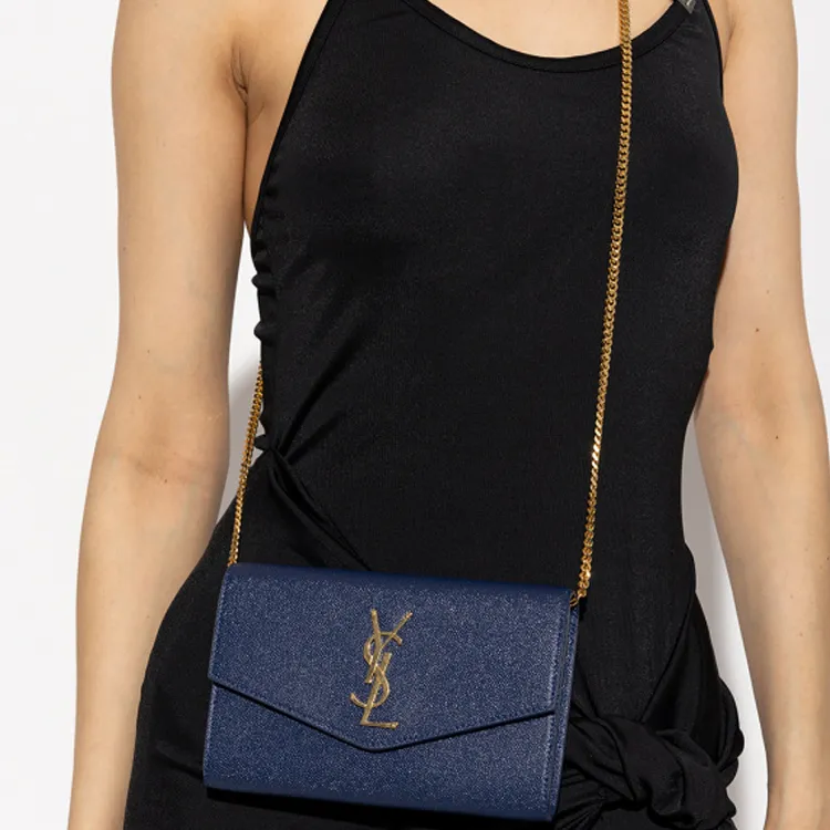 SAINT LAURENT Cow Leather Envelope Bag Wallets Shoulder Bag Crossbody Bag Women's Charcoal Blue-4