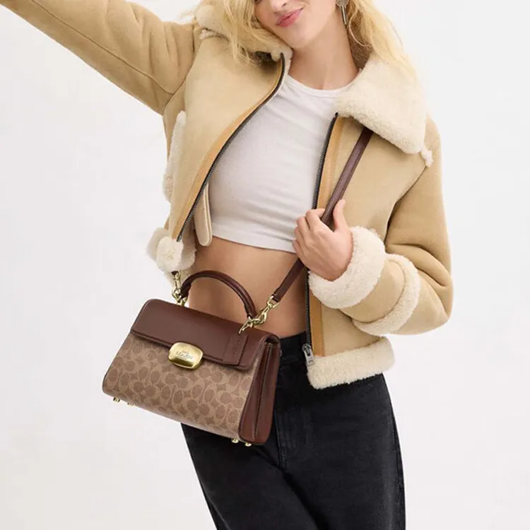 COACH Eliza Artificial Leather Shoulder Bag Crossbody Bag Handbag Large Size Women's Brown-3