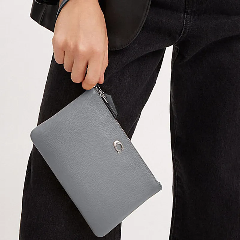 COACH Wristlet Leather Clutch Wrist Bag Small Size Women's Gray-5