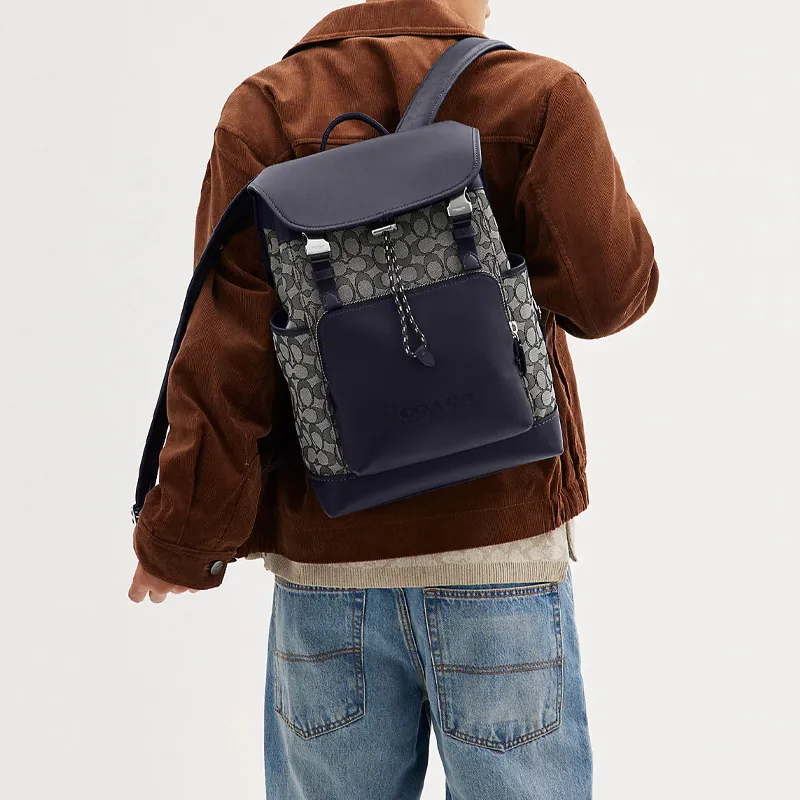 COACH League Fabric With Cow Leather Backpack Tubas Men's Blue & Gray-3
