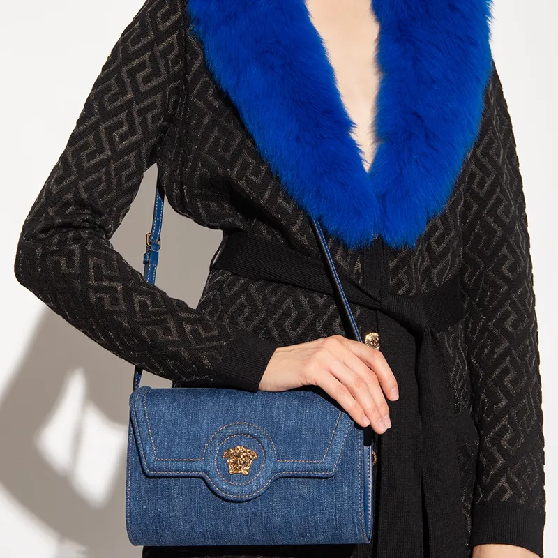 FANSIZHE La Medusa Cotton With Cow Leather Trim Shoulder Bag, Crossbody Bag Women's Blue-5