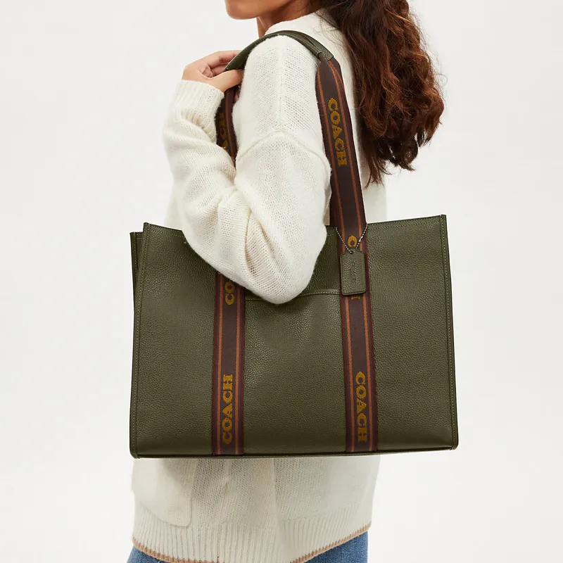 COACH Cow Leather Tote Bag, Shopping Bag, One Shoulder Handbag Tubas Women's Army Green-4