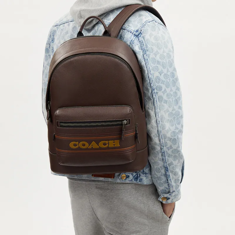 COACH West Cow Leather With Fabric Backpack Large Size Men's Dark Coffee-3