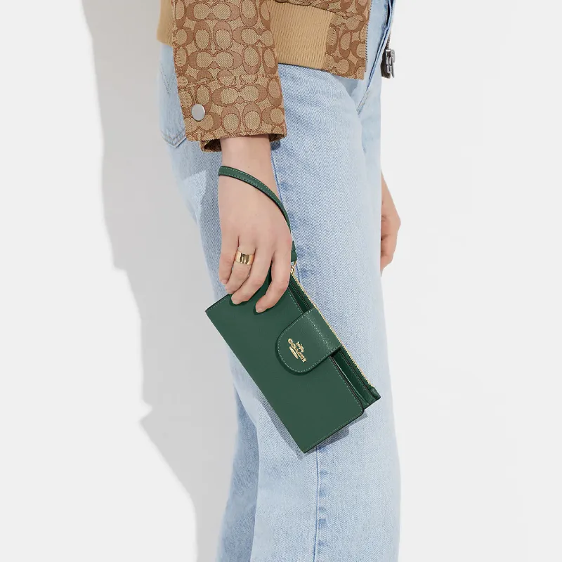 COACH Cross Grain Leather Coin Purse Wallet Trumpets Women's Green-2