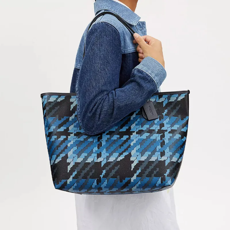 COACH City Canvas With Leather Tote Bag Shopping Bag Shoulder Bag Handbag Regular Women's Silver & Blue Multicolor-3