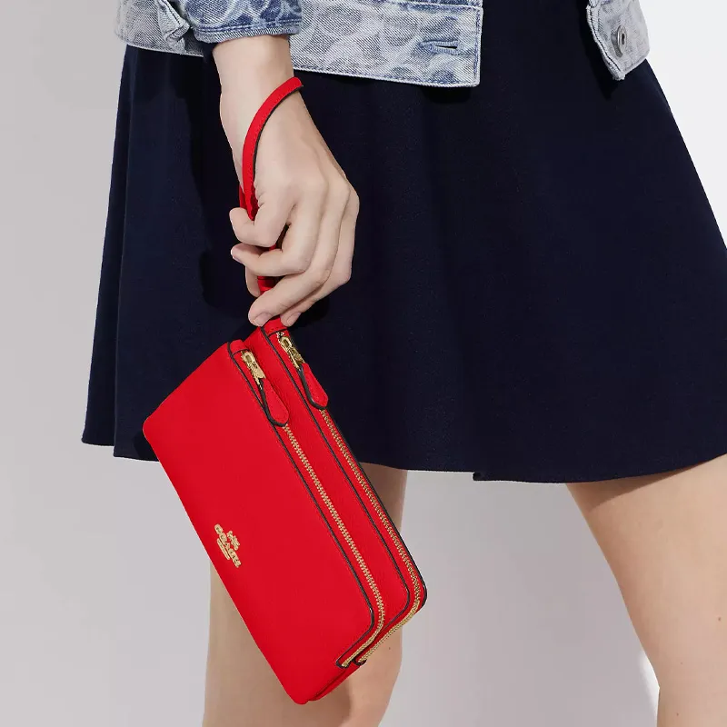 COACH Double Zip Wallet Cow Leather Coin Purse Wallet Small Size Women's Gold & Electric Red-2