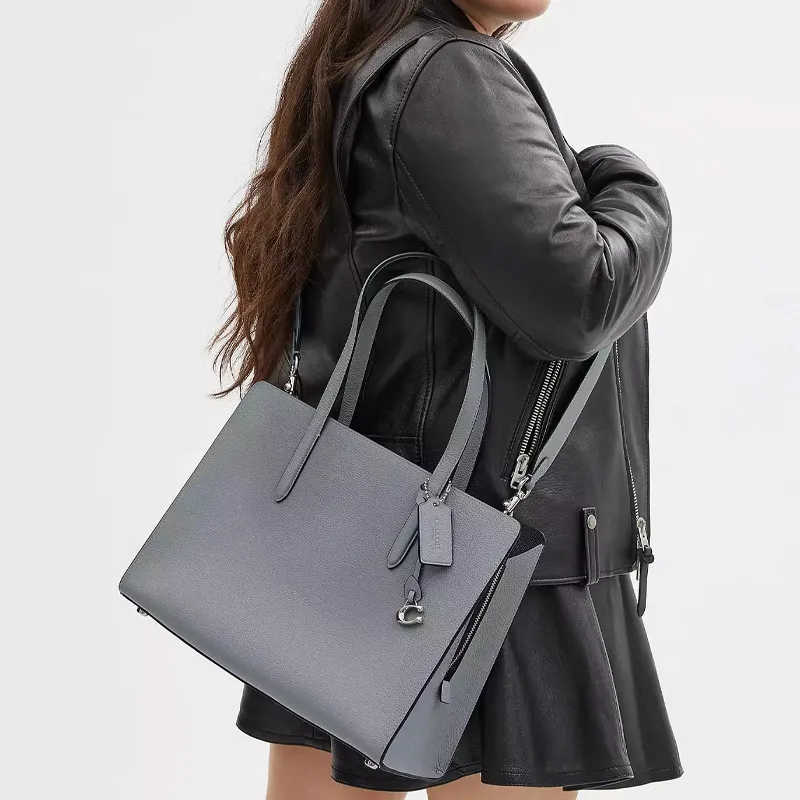 COACH Carter Polished Pebbled Leather Tote Bag Shopping Bag One Shoulder Handbag Large Size Women's Gray Blue-4