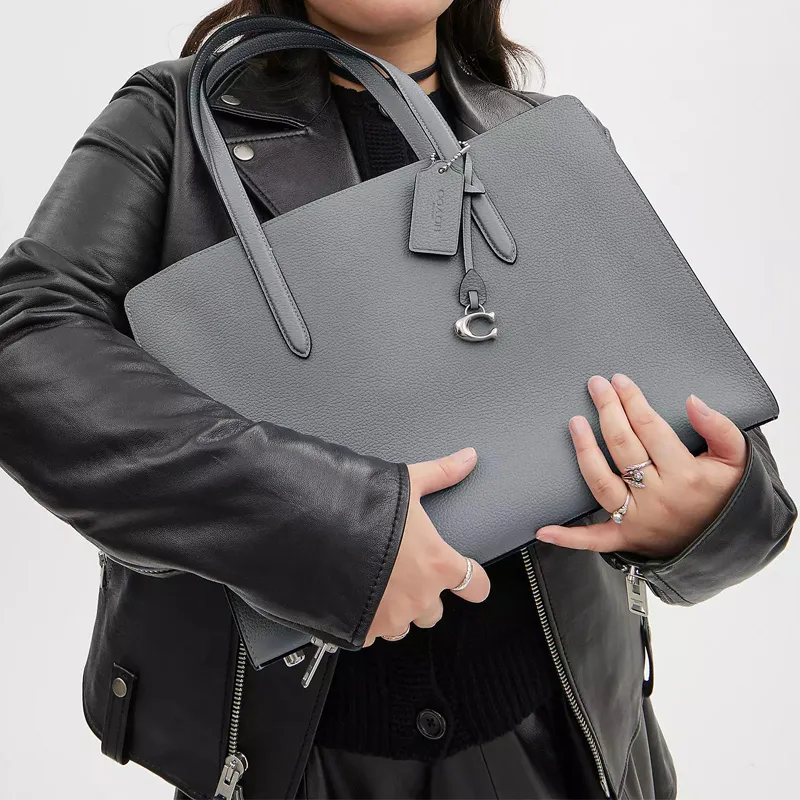COACH Carter Polished Pebbled Leather Tote Bag Shopping Bag One Shoulder Handbag Large Size Women's Gray Blue-3