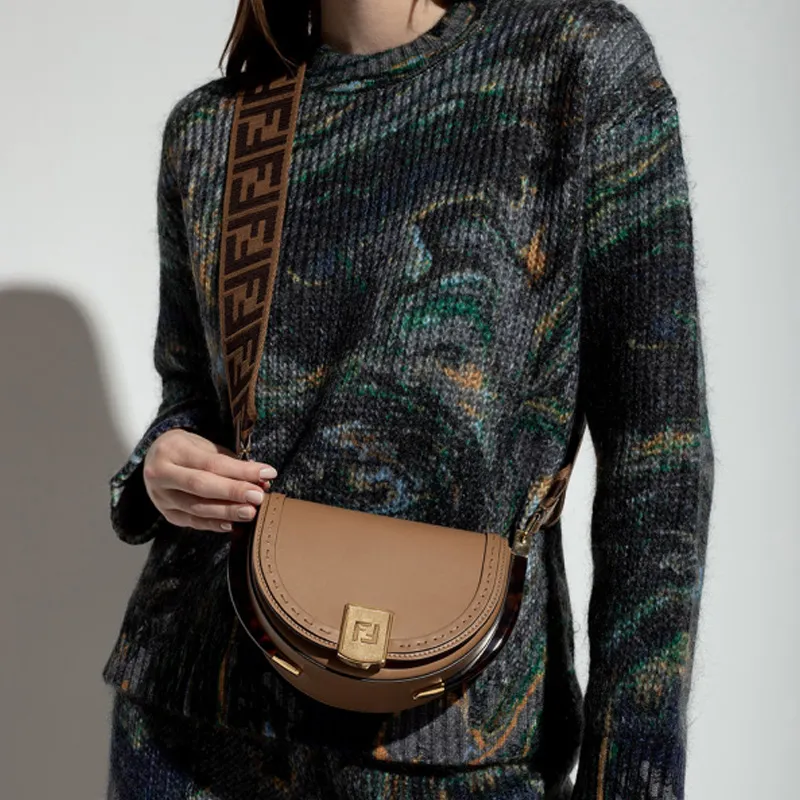 FENDI Calfskin Crescent Bag, Saddle Bag, Crossbody Bag, Shoulder Bag Women's Brown-4