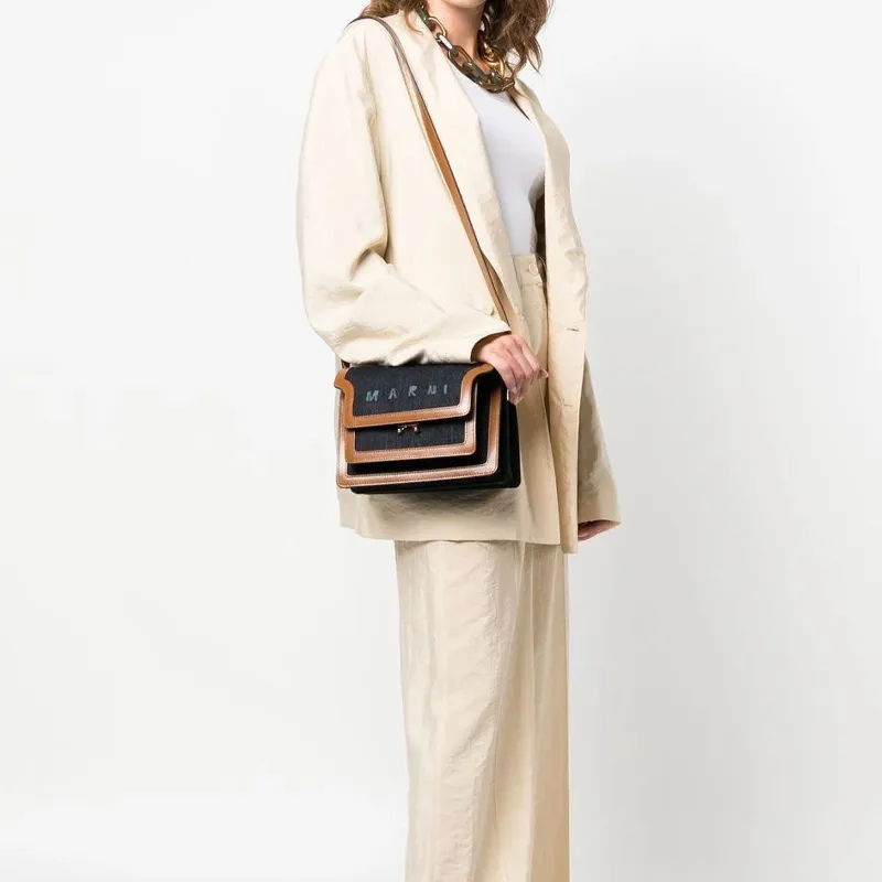 MARNI Trunk Calfskin Trim Crossbody Bag, Shoulder Bag Women's Blue-4