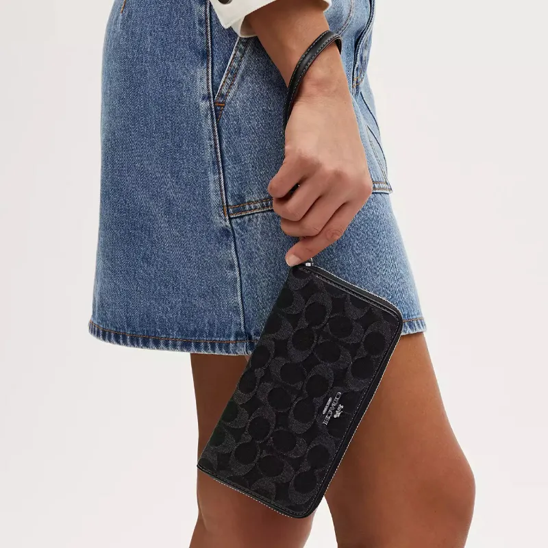 COACH Zip Around Denim Wallet Small Size Women's Black-6