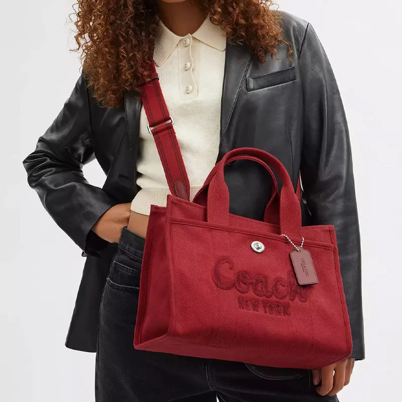 COACH Cargo Fabric Tote Shopping Bag, Canvas Shoulder Bag, Crossbody Bag, Handbag Large Size Women's Red-4