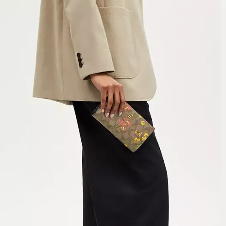 COACH Slim Wallet Coated Canvas Wallet Small Size Women's Gold & Khaki Multicolor-2