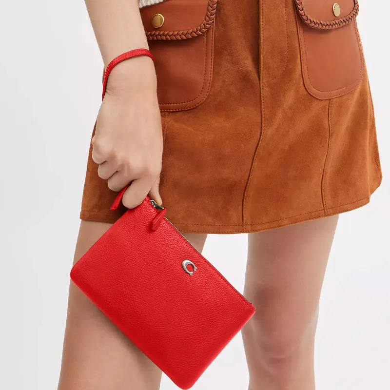 COACH Wristlet Eggstone Grain Leather Wrist Bag Small Size Women's Silver & Sports Red-4