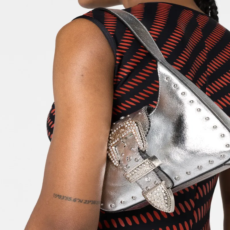 MOSCHINO Calfskin Handbag Shoulder Bag Women's Silver-4