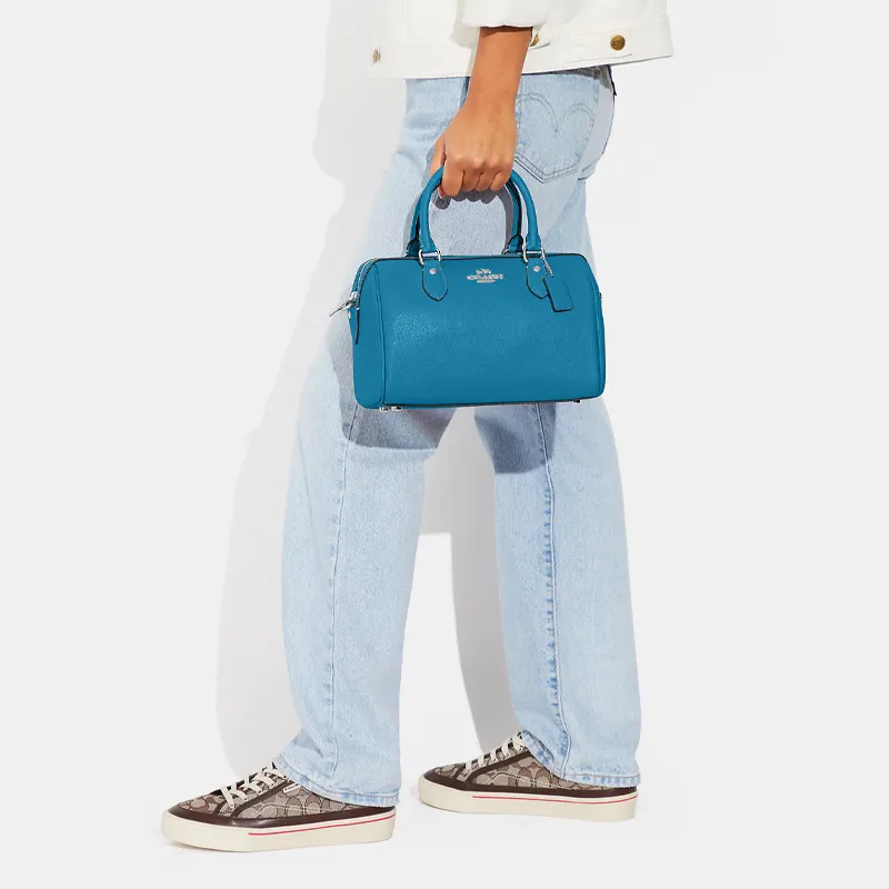 COACH Rowan Cross-Stitch Leather Boston Bag Handbag Shoulder Bag Crossbody Bag Medium Size Women's Blue-4
