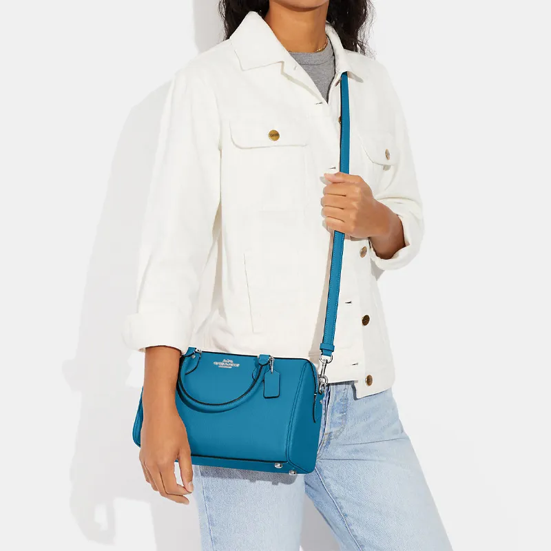 COACH Rowan Cross-Stitch Leather Boston Bag Handbag Shoulder Bag Crossbody Bag Medium Size Women's Blue-3