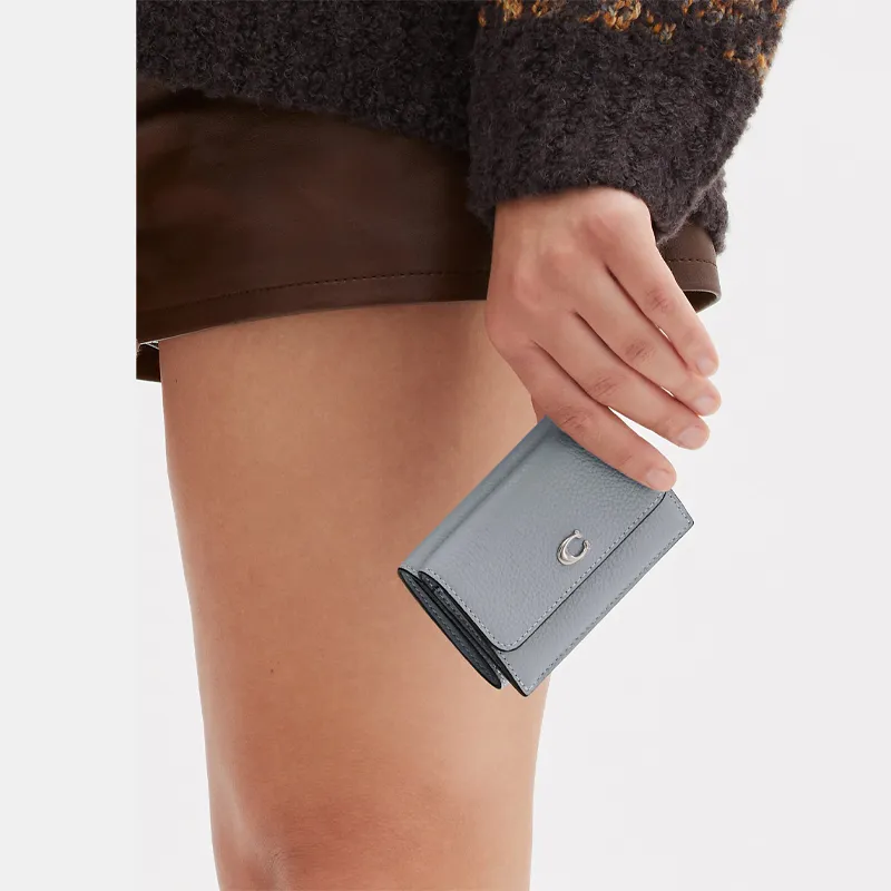 COACH Trifold Wallet Polished Pebbled Leather Coin Purses Wallets Mini Women's Gray-3